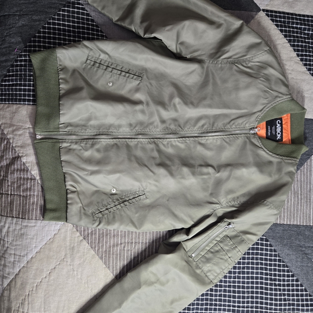 Carbon Men’s Bomber Jacket Army Green MA-1 Style with Orange Lining Size Large